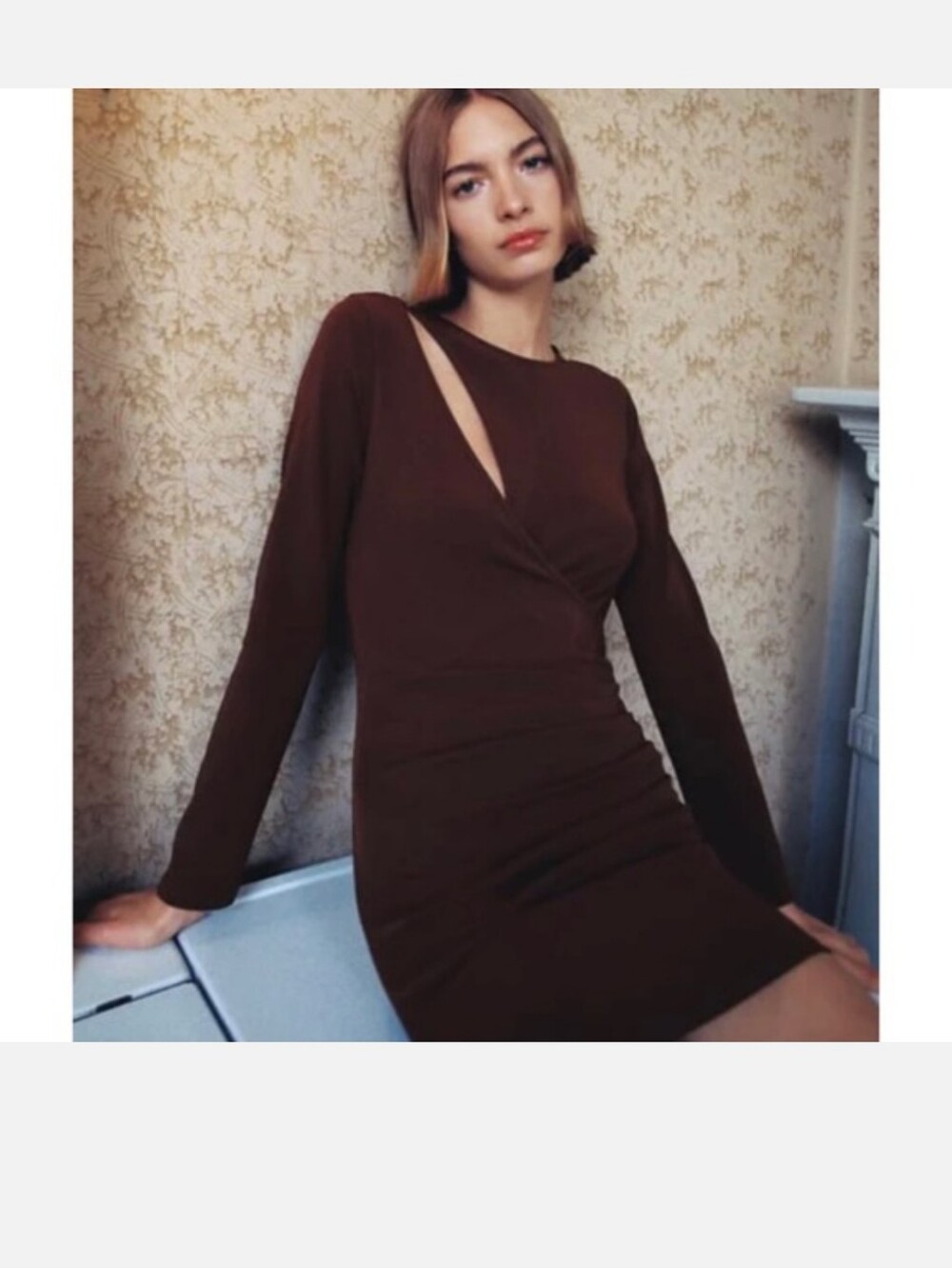 ZARA_Long Sleeve Brown Keyhole Cutout  Bodycon Mini Dress